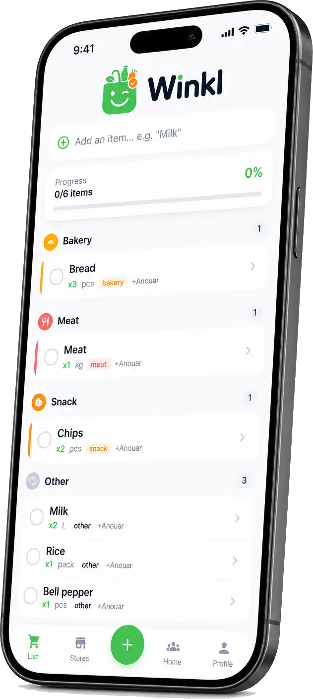 Winkl app met een gedeelde boodschappenlijst met items zoals melk, brood en advocado's